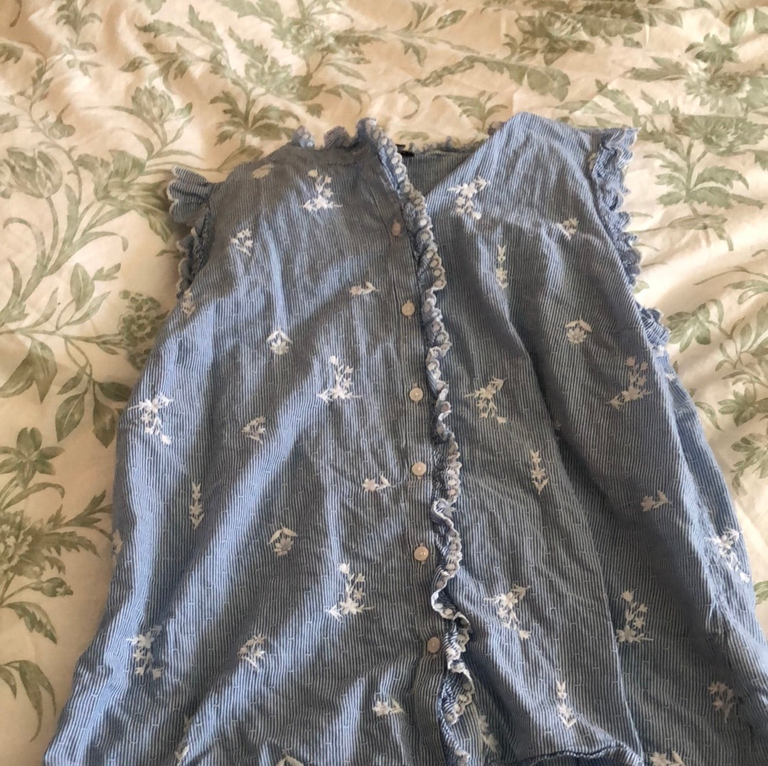 No sleeve blue and white striped shirt with flower embroidery Talbots